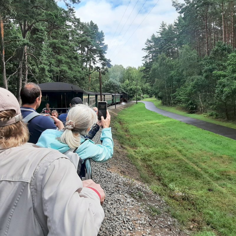 Eine Reisegruppe ist in einem offenen Waggon mit dem Zug unterwegs