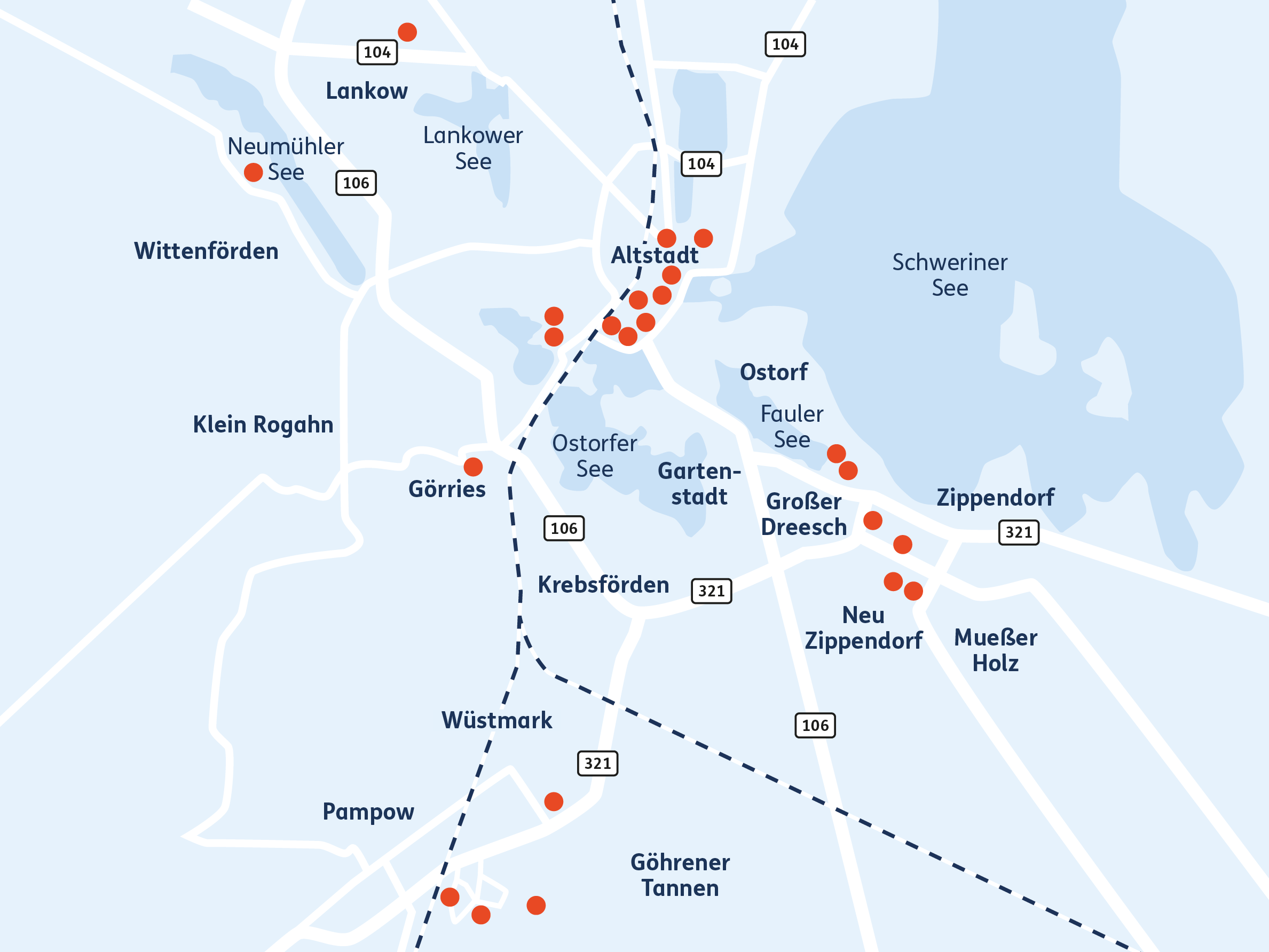 Eine Karte der Stadt Schwerin mit allen Standorten der Vielfalter gGmbH